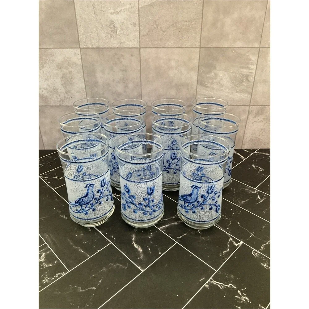 Libbey 10 oz glasses Frosted Blue bird and flower 5.25” X 2.50” Set of 11